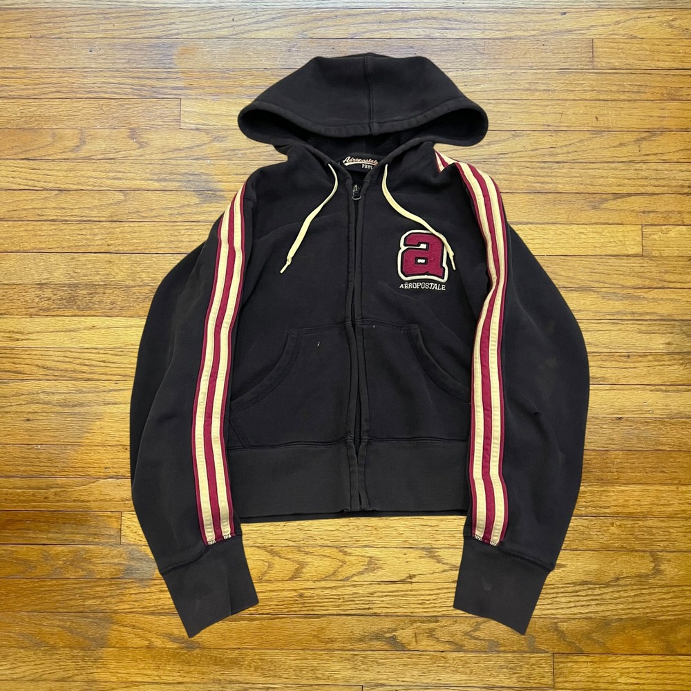 Aeropostale Phys Ed Zip Up Hoodie Navy Blue Varsity Stripe Chenille Patch Small